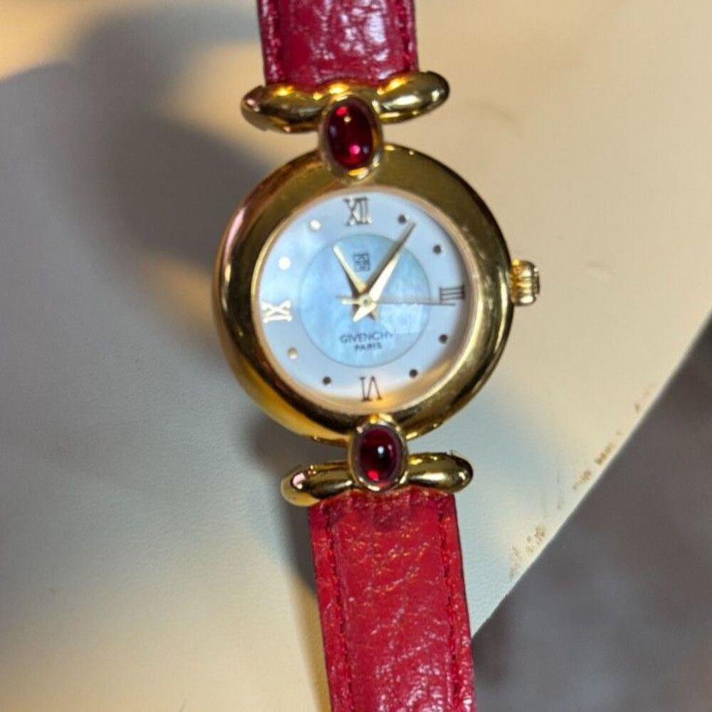 Vintage Givenchy Gold Tone Casing with Ruby Colored Gemstones Accent Watch - Picture 5 of 8
